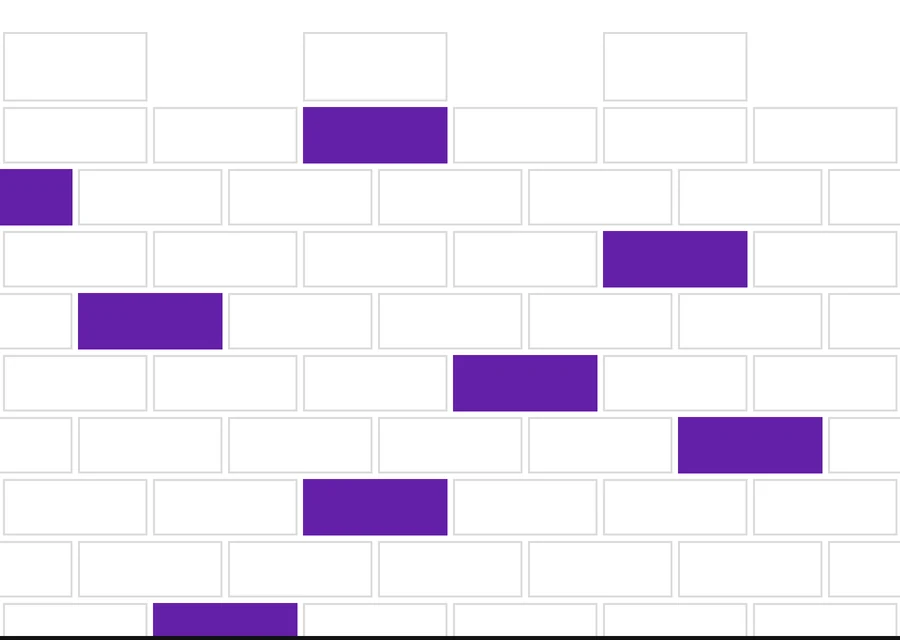 Desenho geométrico de uma muralha de pedra com ameias e alguns blocos destacados a roxo
