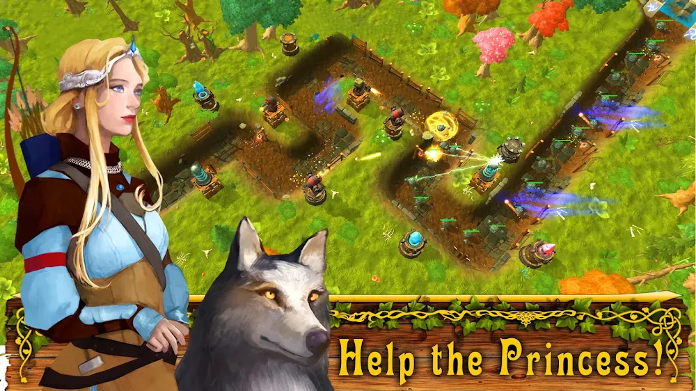 Mapa verde do Fantasy Realm Tower Defense com percurso em ziguezague e torres colocadas nas curvas