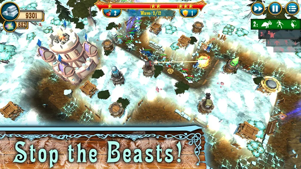 Mapa nevado do Fantasy Realm Tower Defense com percurso sinuoso e torres colocadas
