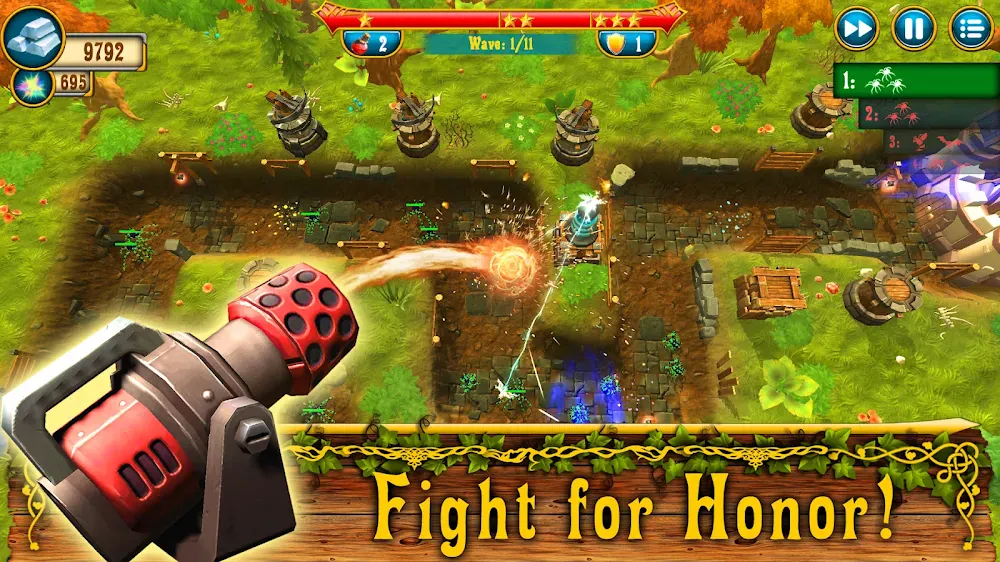 Torre a atingir criaturas num percurso relvado do Fantasy Realm Tower Defense