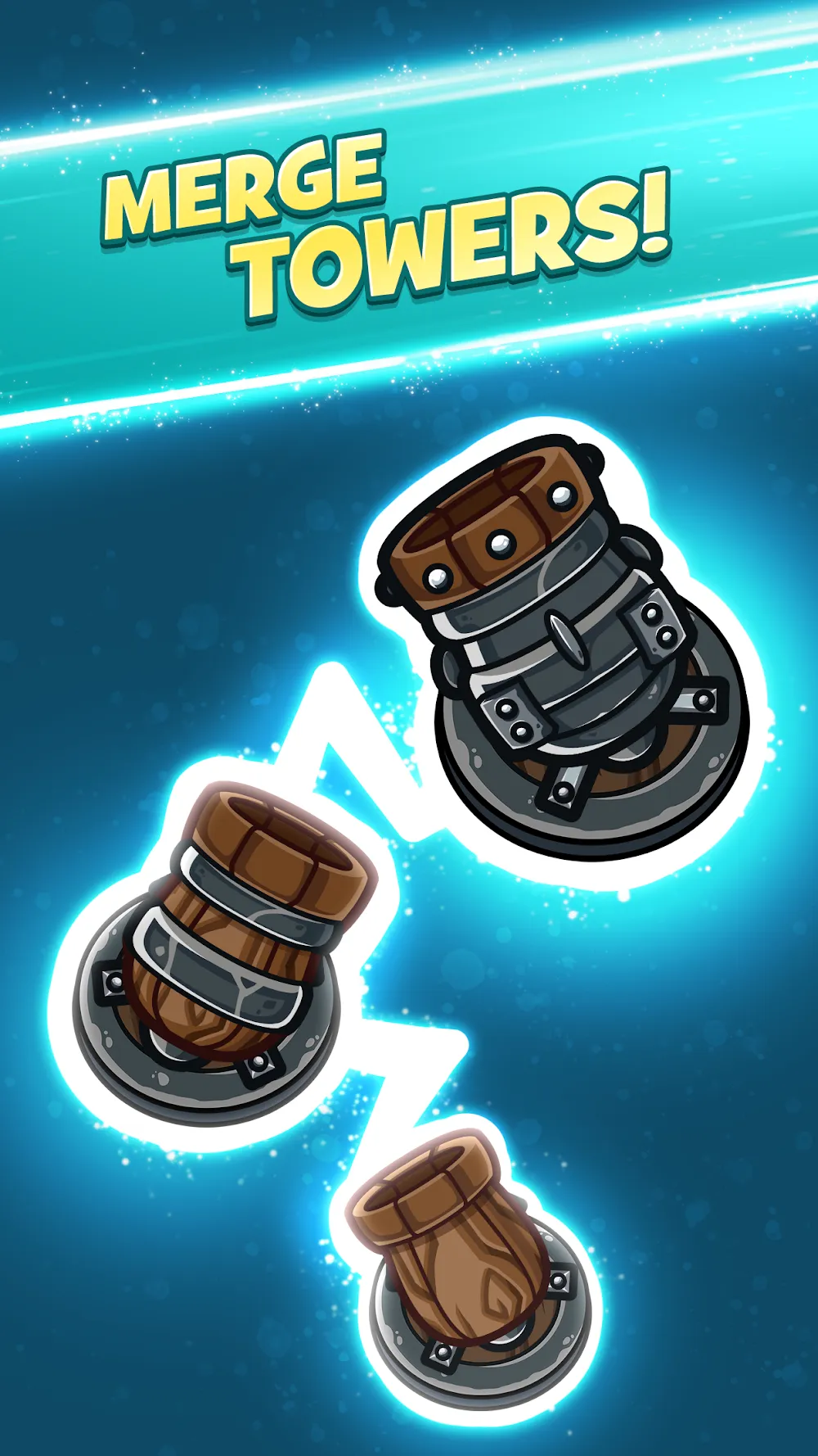 Duas torres iguais a juntar-se numa torre de escalão superior no Merge Kingdoms
